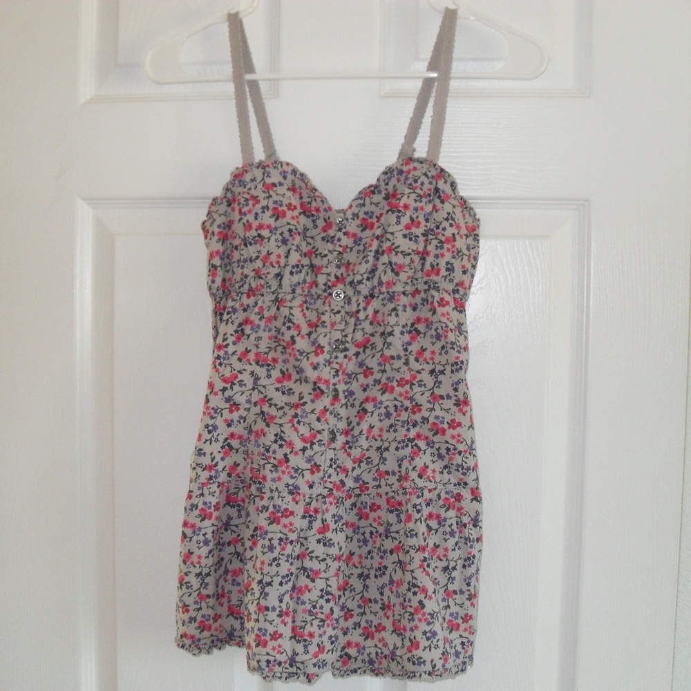 Floral Tank Top, Gray with Pink and Purple Flowers